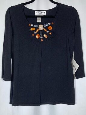 Joseph A. Black Knit 3/4 Sleeve Top Bejeweled Embellished Neckline Size Large